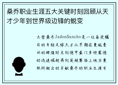 桑乔职业生涯五大关键时刻回顾从天才少年到世界级边锋的蜕变