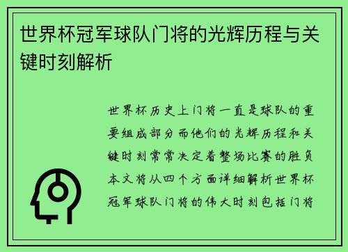 世界杯冠军球队门将的光辉历程与关键时刻解析